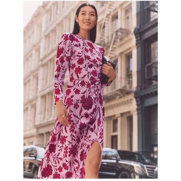 Ann Taylor Dresses & Skirts - ANN TAYLOR Ruched Midi Dress Pink‎ Red Satin Floral Round Neck Slit Size 2P